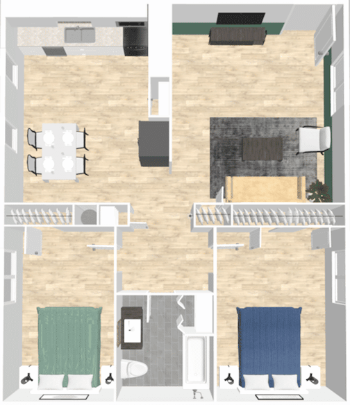 Spanish Hacienda 2 Bedroom Floor Plan 3D