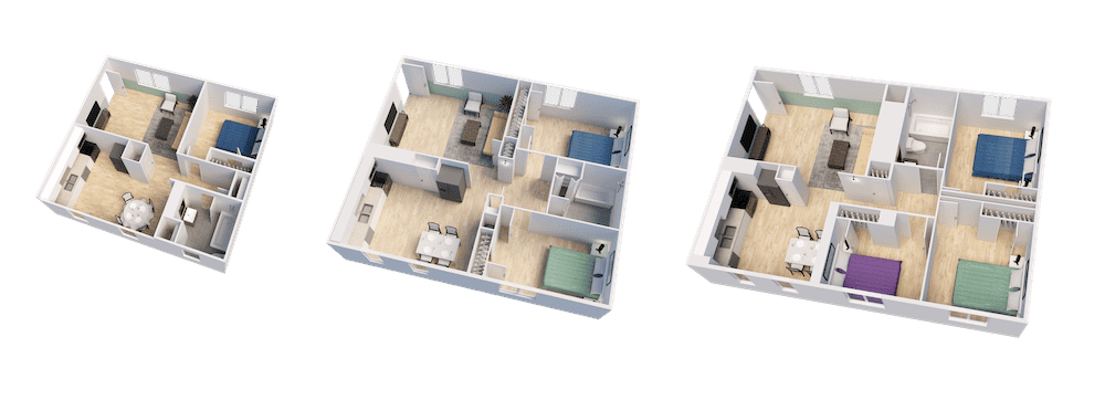 3D rendering of our 1, 2, and 3 bedroom units. Come check us out!